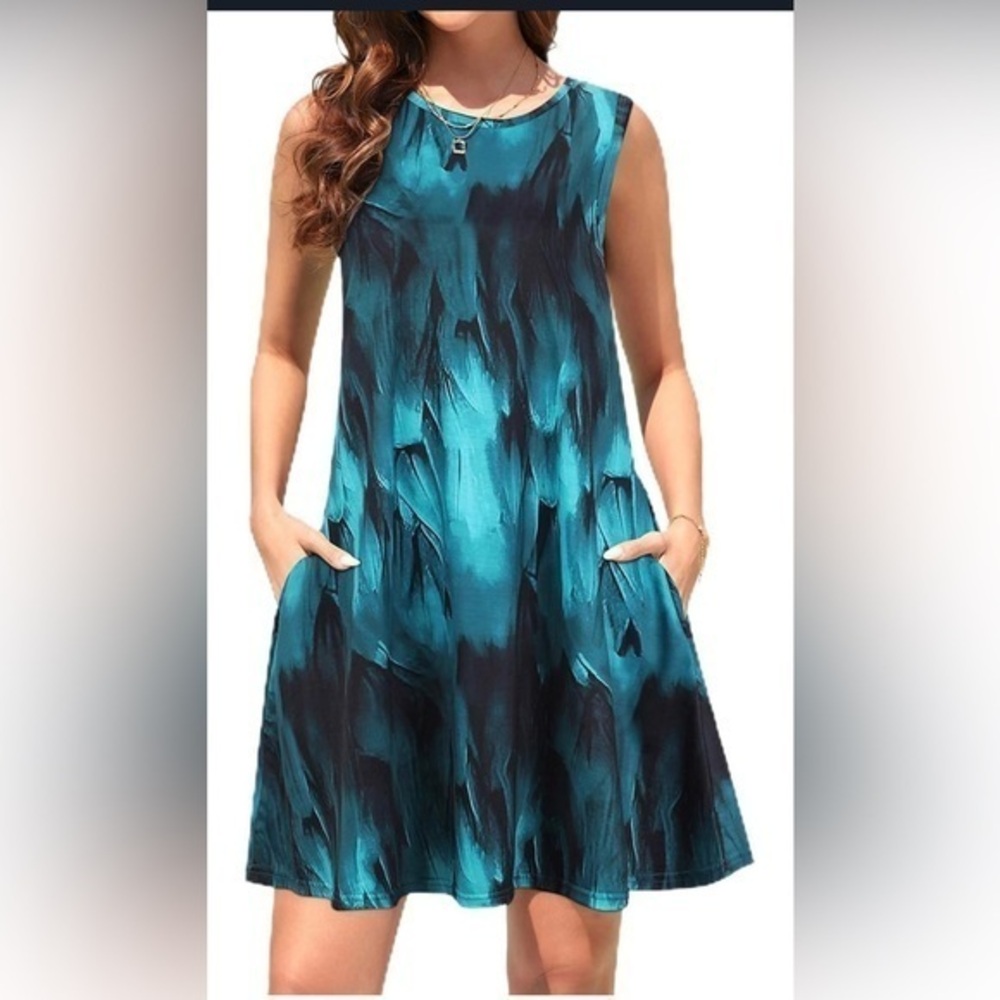 Women's Summer Sleeveless Damask Print T-Shirt Dress With Pockets Midi XXL